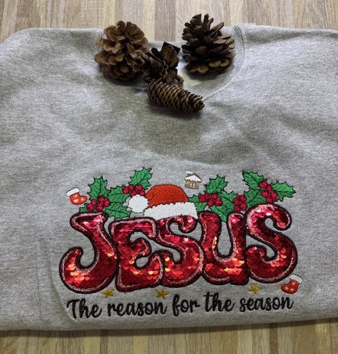 Sequin Applique-Jesus Christmas Sweatshirt